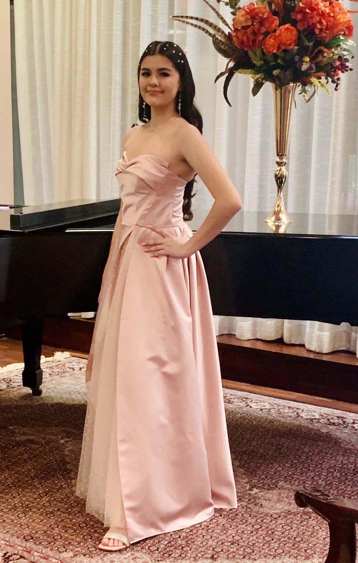 Loverlm Dreamy Blush Satin A-Line Strapless Lace-Up Tulle Panel Long Prom Dress