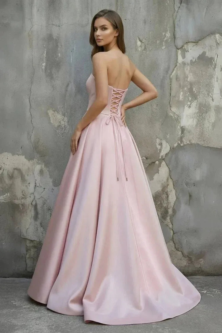Loverlm Dreamy Blush Satin A-Line Strapless Lace-Up Tulle Panel Long Prom Dress