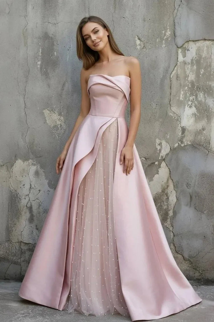 Loverlm Dreamy Blush Satin A-Line Strapless Lace-Up Tulle Panel Long Prom Dress