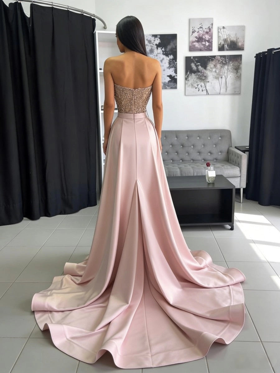 Elegant Blush Satin A-Line Sweetheart Strapless Beaded Zipper-Back High-Slit Train Prom Dress