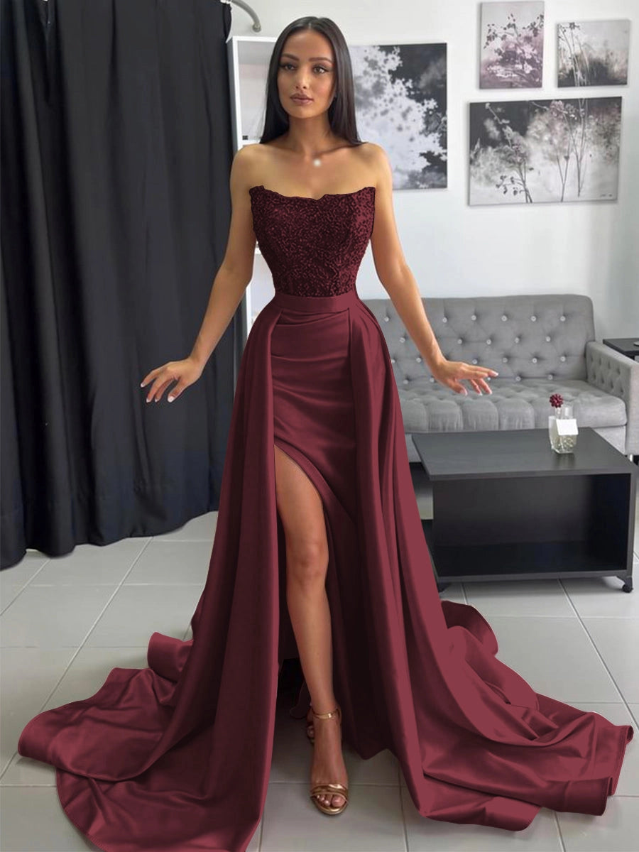 Elegant Blush Satin A-Line Sweetheart Strapless Beaded Zipper-Back High-Slit Train Prom Dress