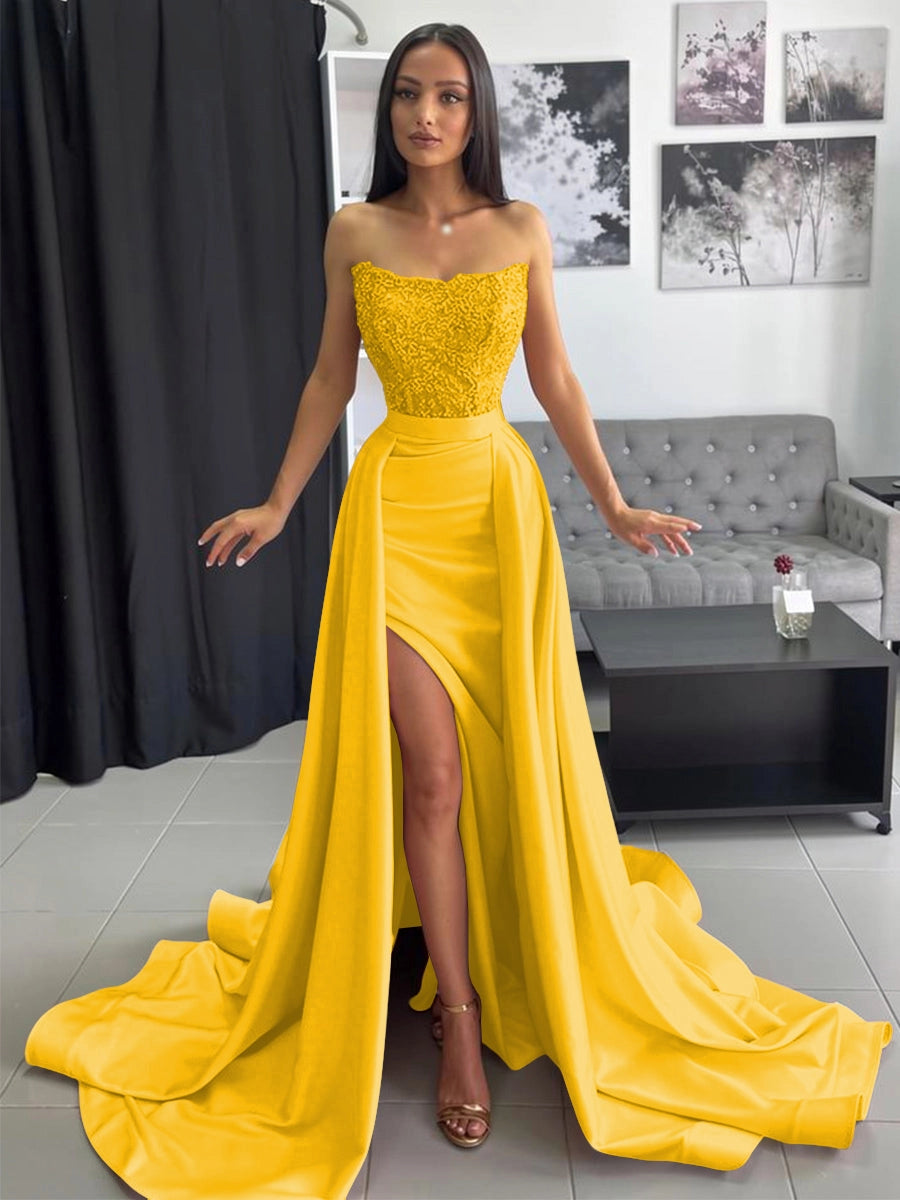 Elegant Blush Satin A-Line Sweetheart Strapless Beaded Zipper-Back High-Slit Train Prom Dress