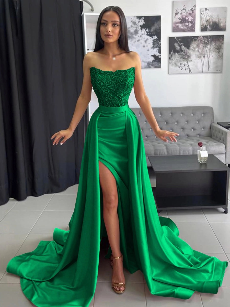 Elegant Blush Satin A-Line Sweetheart Strapless Beaded Zipper-Back High-Slit Train Prom Dress