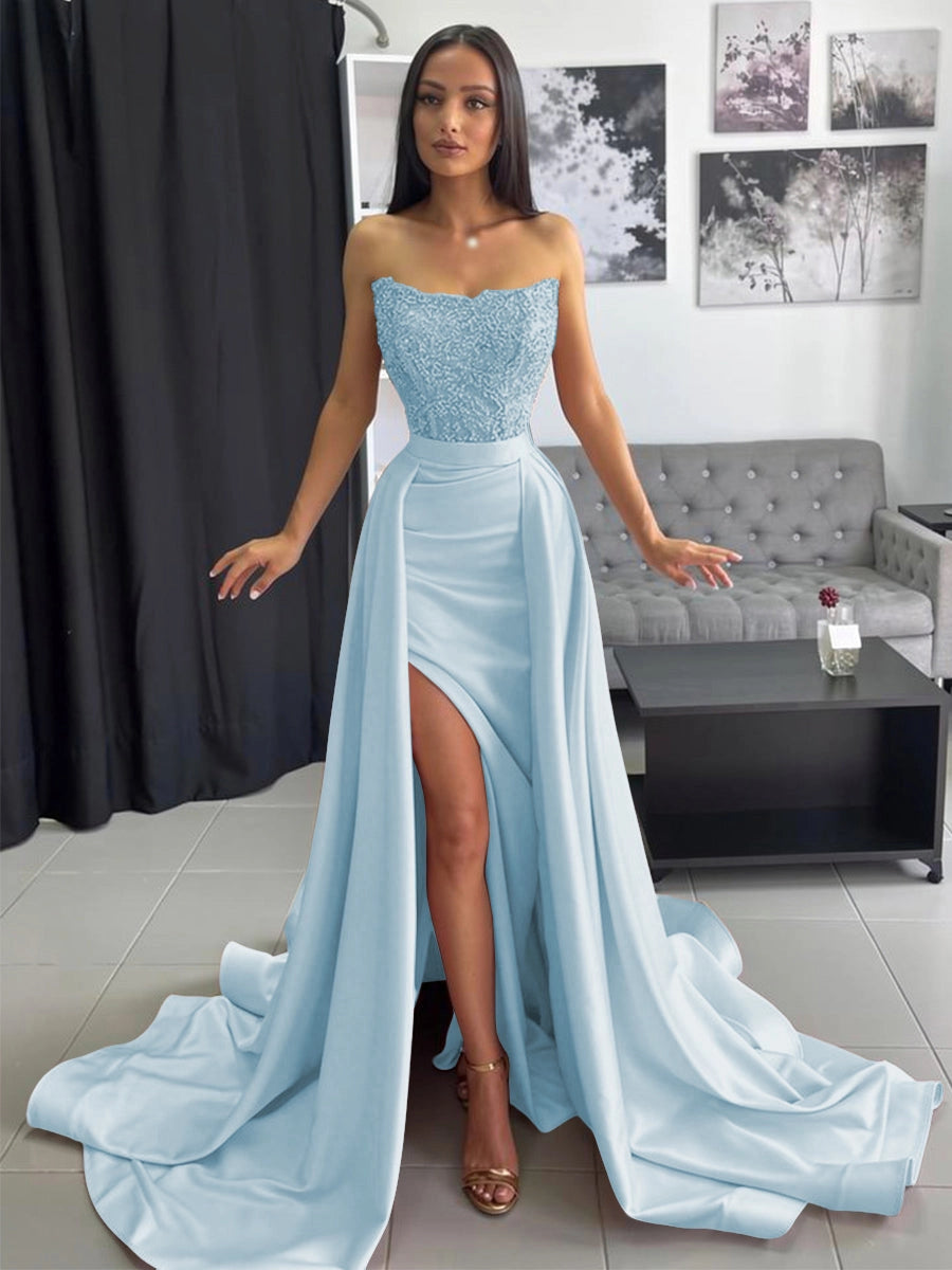 Elegant Blush Satin A-Line Sweetheart Strapless Beaded Zipper-Back High-Slit Train Prom Dress