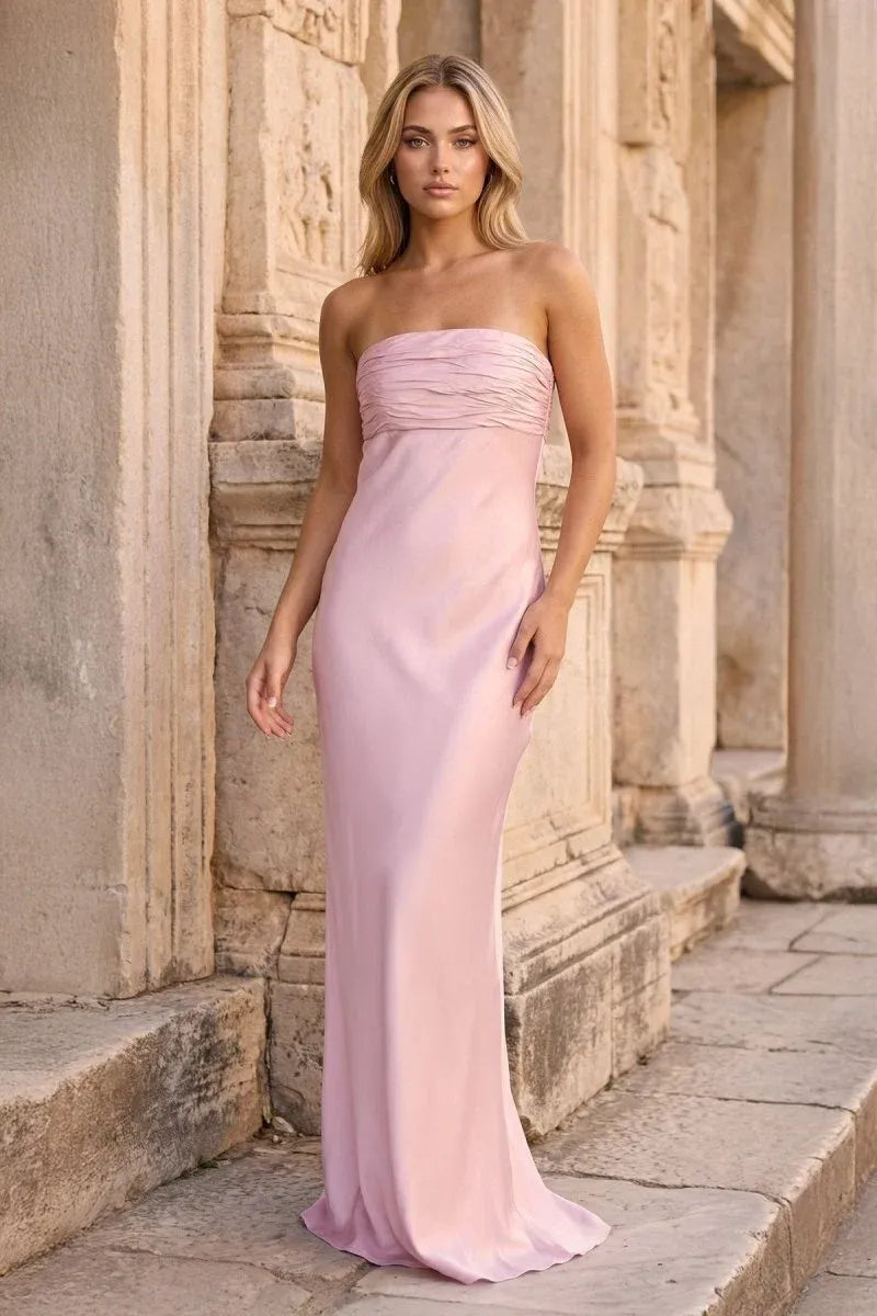 Loverlm blush satin strapless sheath prom dress with ruched bandeau neckline and fitted floor-length silhouette