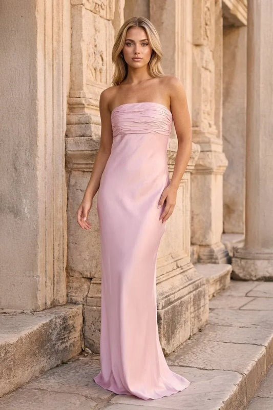 Loverlm blush satin strapless sheath prom dress with ruched bandeau neckline and fitted floor-length silhouette