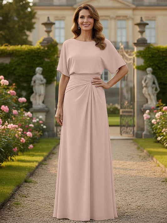 Loverlm blush Mother of the Bride dress with round neckline short sleeves gathered waist and floor-length A-line skirt