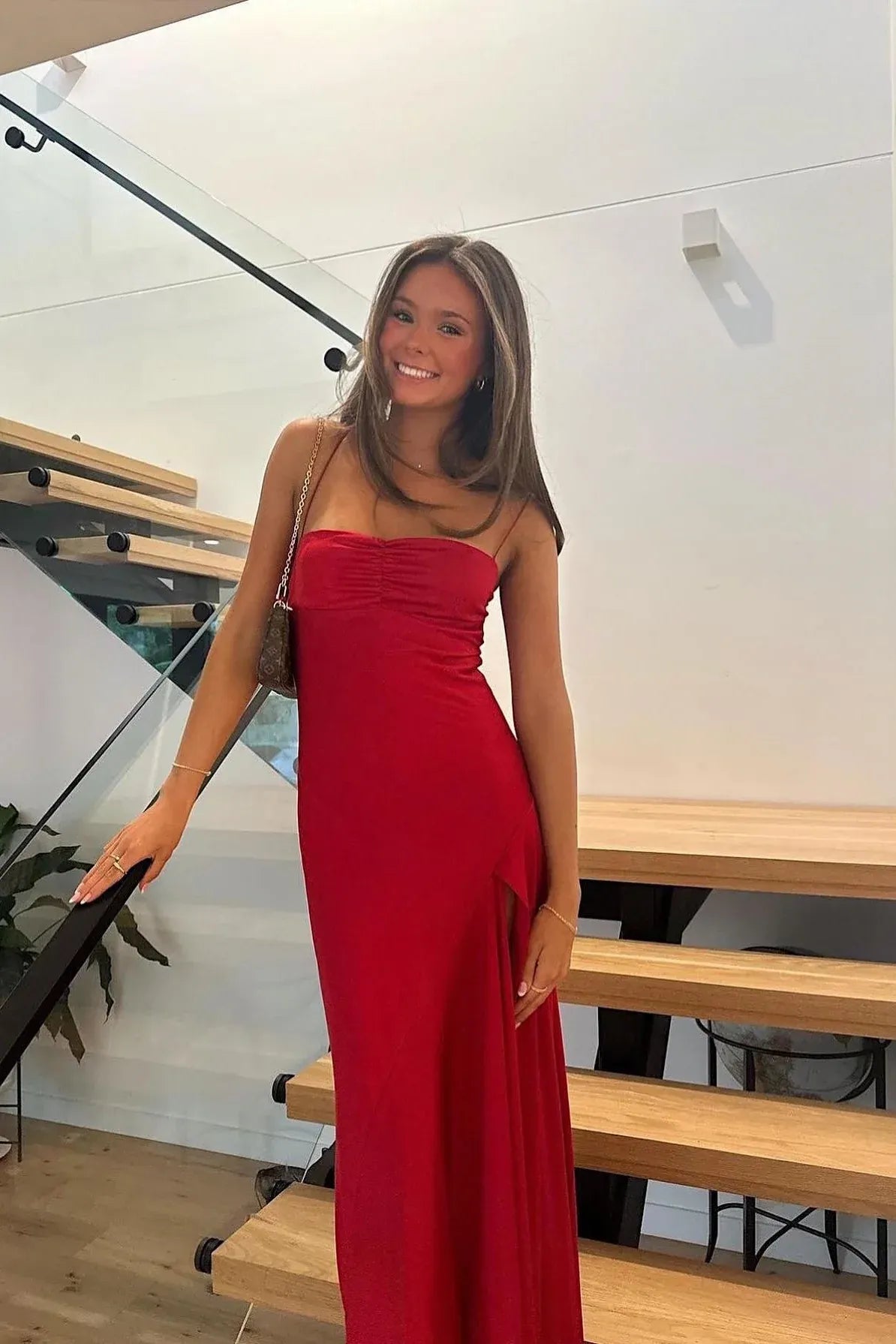 Loverlm bright blue prom dress with a ruched sweetheart neckline, spaghetti straps, fitted silhouette and high front-side slit.