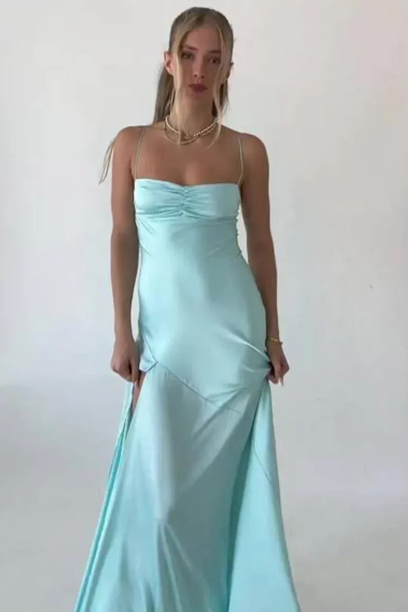 Chic Satin Look Sheath Sweetheart Sleeveless V Strap Back Long Prom Dress