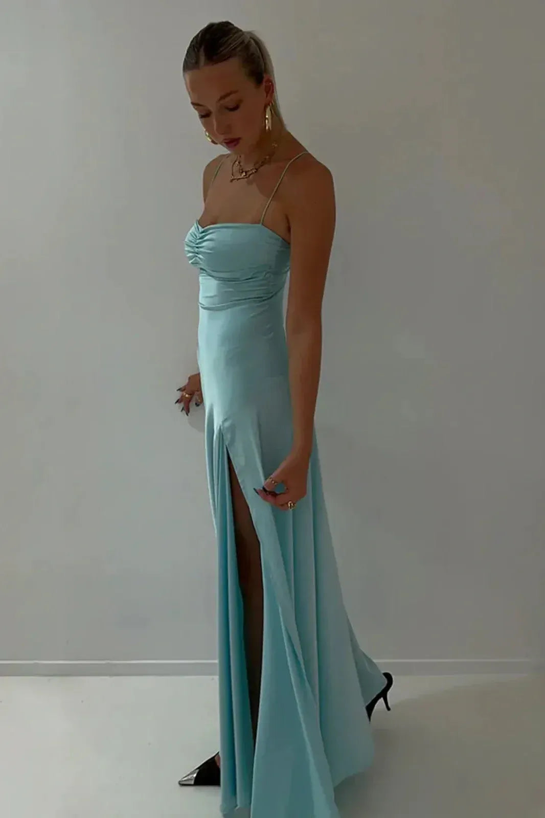Chic Satin Look Sheath Sweetheart Sleeveless V Strap Back Long Prom Dress