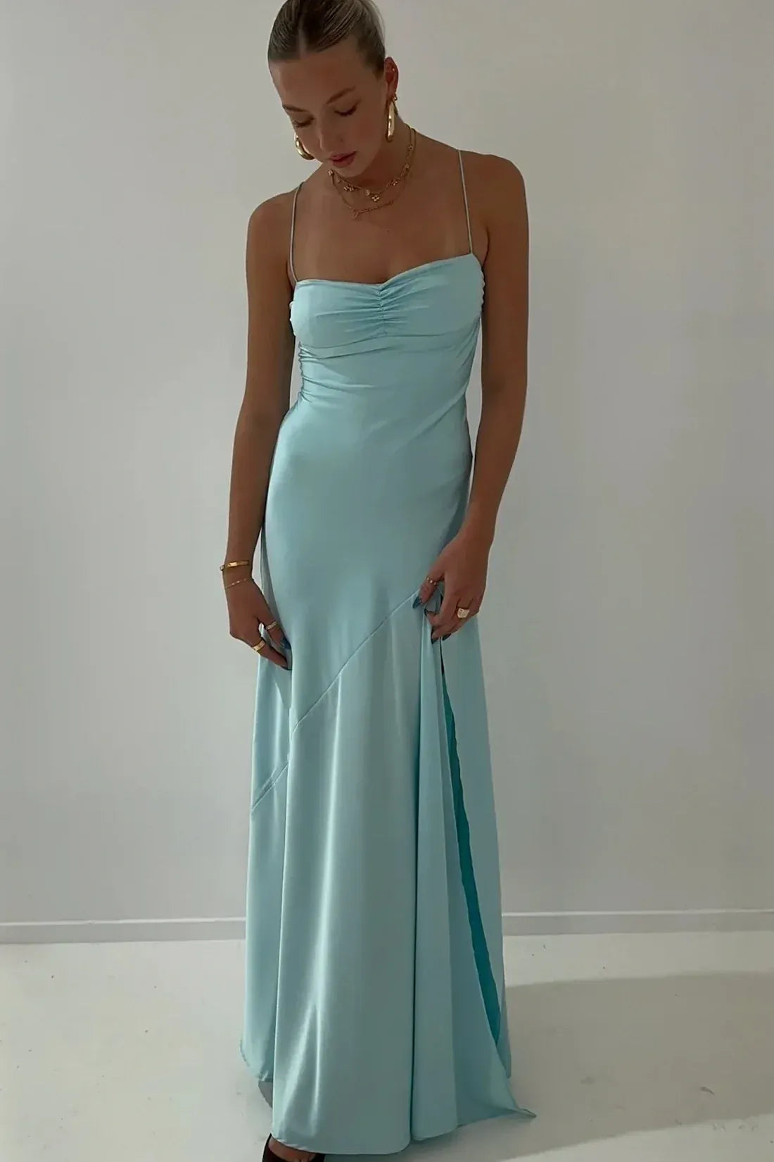 Chic Satin Look Sheath Sweetheart Sleeveless V Strap Back Long Prom Dress