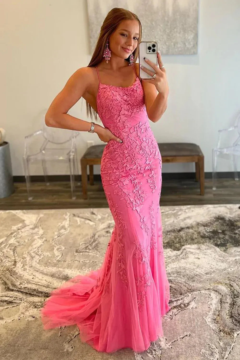 Loverlm bright pink lace mermaid prom dress with spaghetti straps, a scoop neckline, floral appliques and a flowing tulle train.