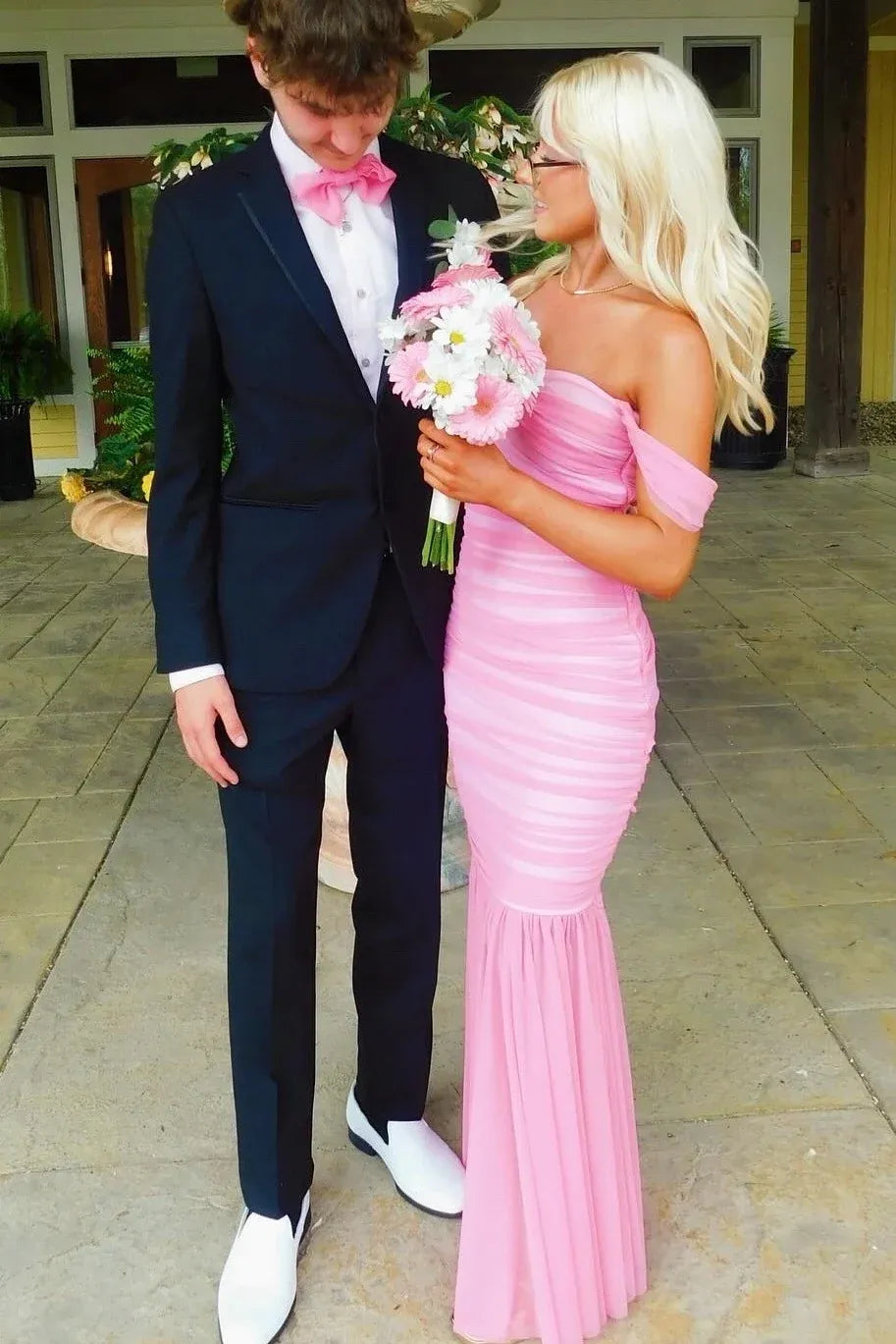 Loverlm bright pink ruched mermaid prom dress with a sweetheart neckline, off-shoulder ruffle sleeves and a fitted floor-length silhouette.