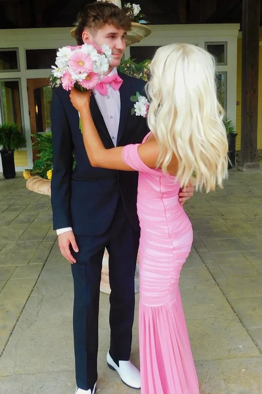 Pretty Ruched Mermaid Sweetheart Off Shoulder Ruffle Sleeve Long Prom Dress