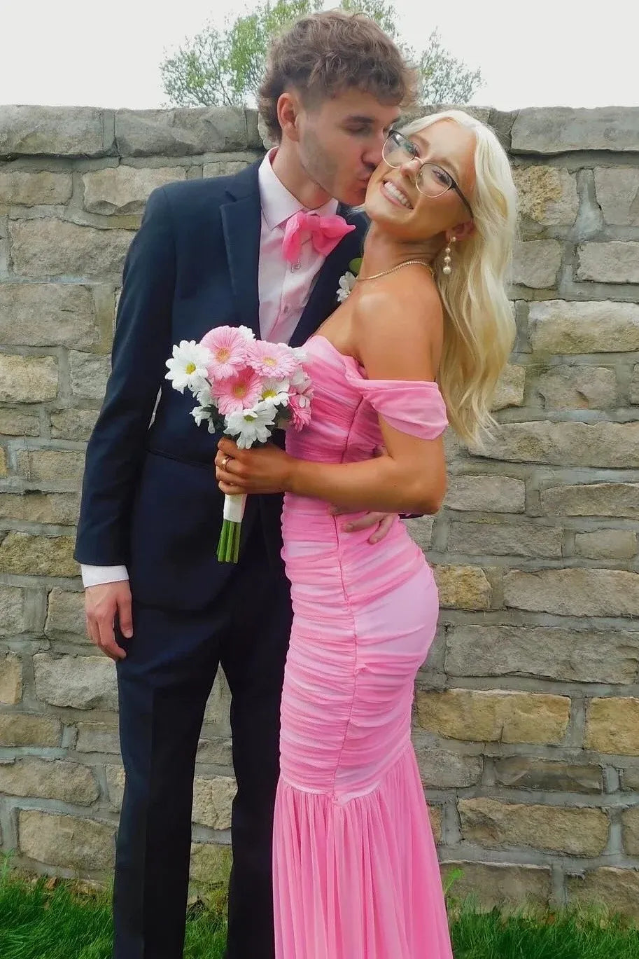 Pretty Ruched Mermaid Sweetheart Off Shoulder Ruffle Sleeve Long Prom Dress