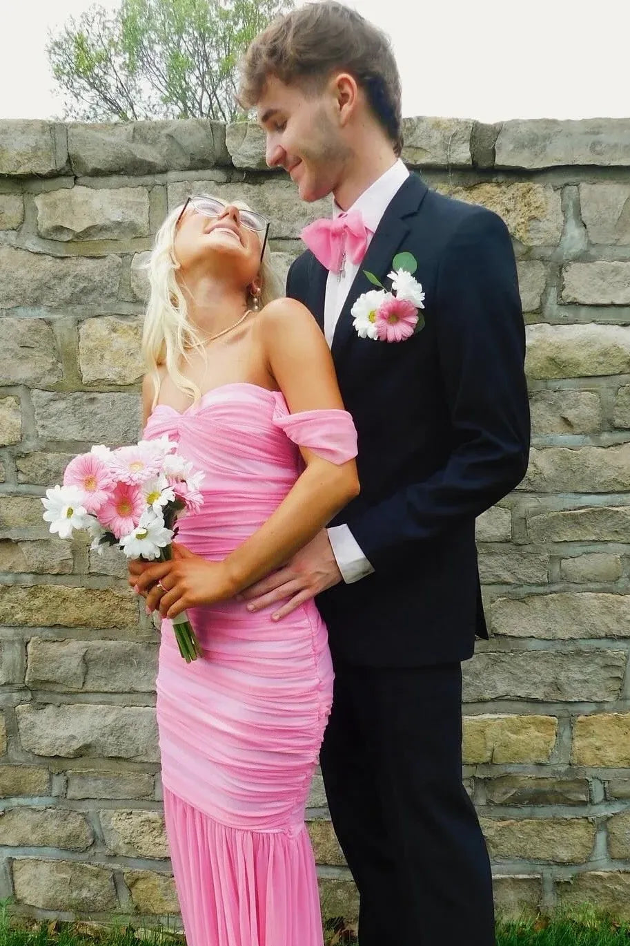 Pretty Ruched Mermaid Sweetheart Off Shoulder Ruffle Sleeve Long Prom Dress