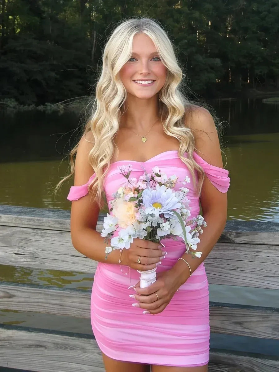 Front view of Loverlm bright pink mini homecoming dress featuring a sweetheart neckline, off-the-shoulder sleeves and ruched fitted skirt