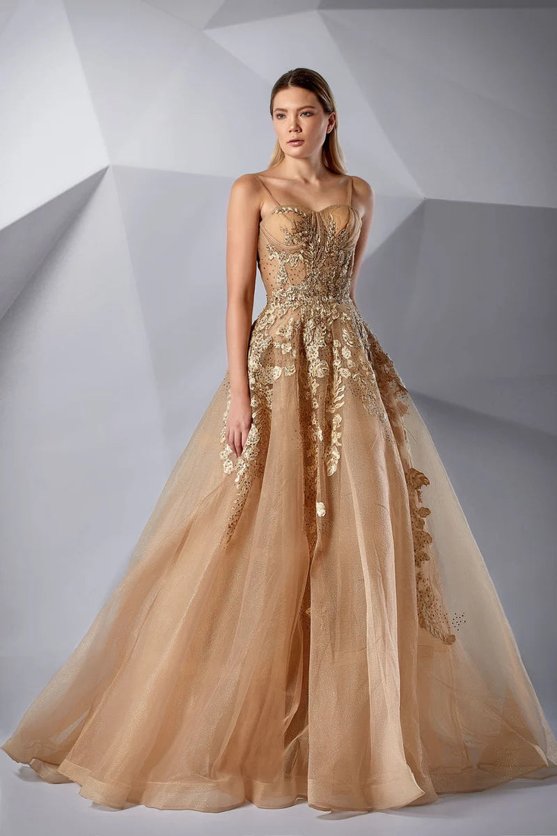 Loverlm bronze brown prom dress with sweetheart spaghetti straps embellished corset bodice and layered tulle A-line skirt