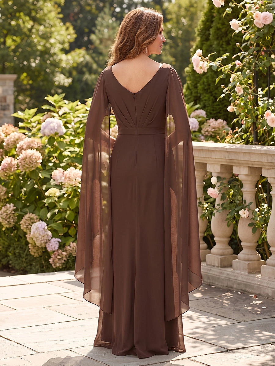 Elegant A-Line V-Neck Cape Sleeve V-Back Draped Floor Length Mother of the Bride Dress