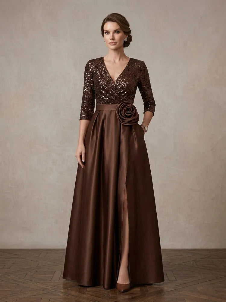 Loverlm chocolate brown Mother of the Bride dress with sequin V-neck bodice three-quarter sleeves rose waist detail satin skirt and front slit