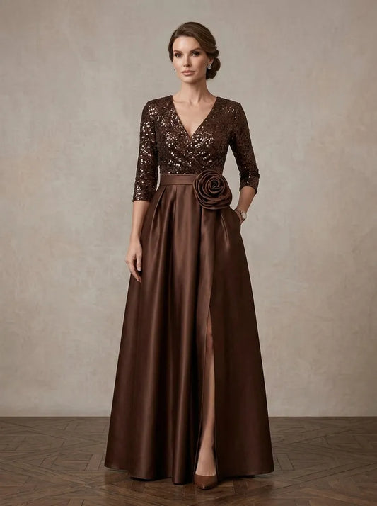 Loverlm chocolate brown Mother of the Bride dress with sequin V-neck bodice three-quarter sleeves rose waist detail satin skirt and front slit