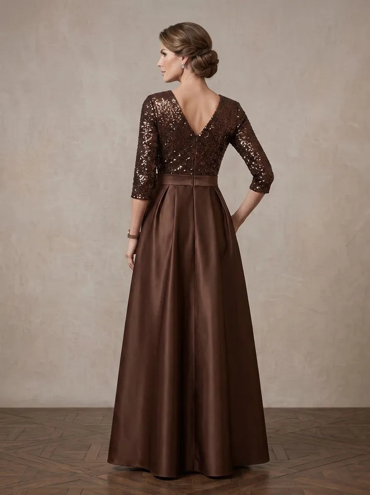 Elegant A-Line V-Neck Three-Quarter-Sleeve Sequin Satin Mother of the Bride Dress
