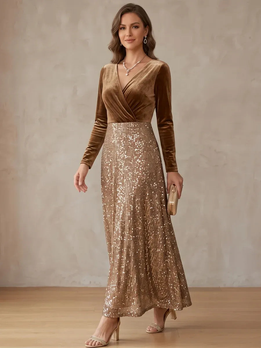 Loverlm brown velvet V-neck evening dress with gold sequin skirt