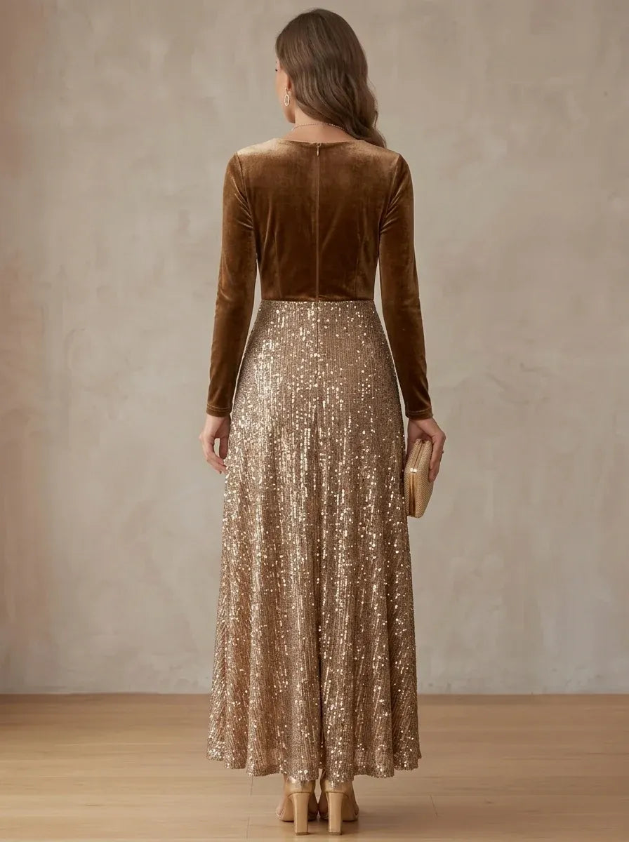 Elegant A-Line V-Neck Long-Sleeve Zip-Back Sequin Floor-Length Evening Dress