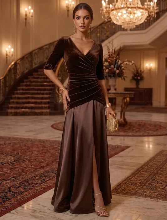 Loverlm chocolate brown V-neck velvet evening dress with three-quarter sleeves and floor length skirt front view