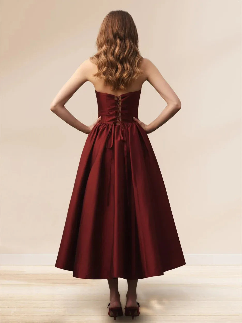 Vintage A-Line Asymmetric Strapless Sleeveless Lace-Up Midi Homecoming Dress