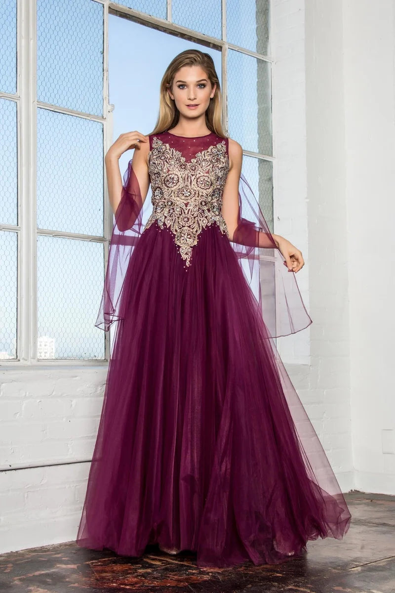 Loverlm burgundy beaded prom dress with jewel neckline sleeveless bodice and flowing floor-length A-line tulle skirt