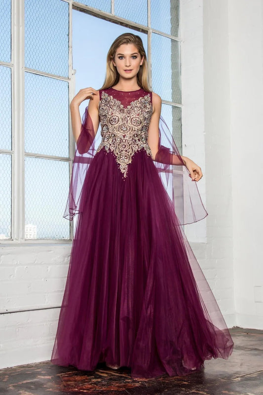 Loverlm burgundy beaded prom dress with jewel neckline sleeveless bodice and flowing floor-length A-line tulle skirt