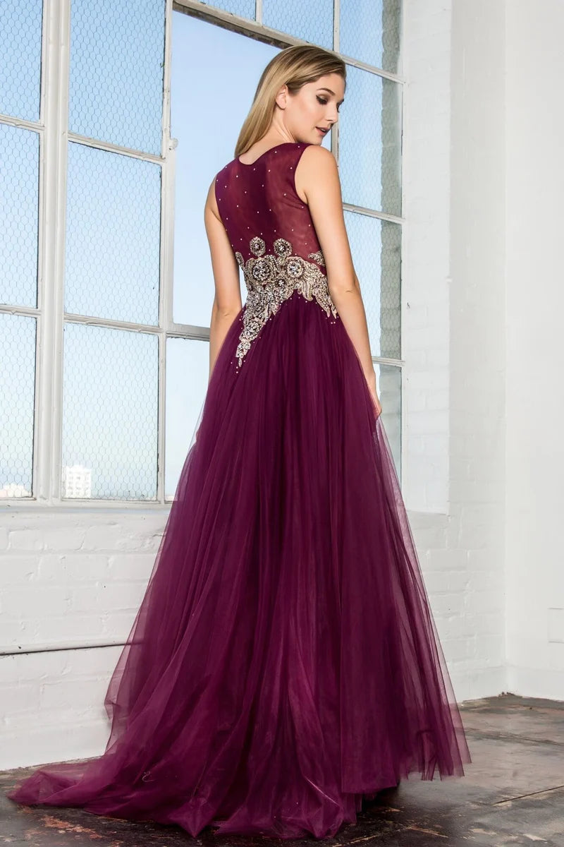 Elegant A-Line Jewel-Neck Sleeveless Sheer-Back Beaded Floor-Length Prom Dress