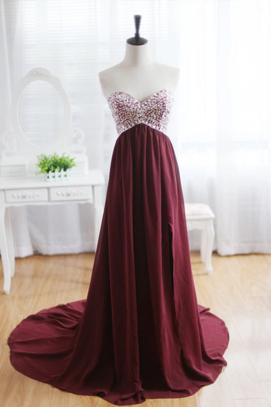 Loverlm burgundy floor length prom dress with strapless sweetheart neckline crystal beaded bodice and flowing empire waist skirt