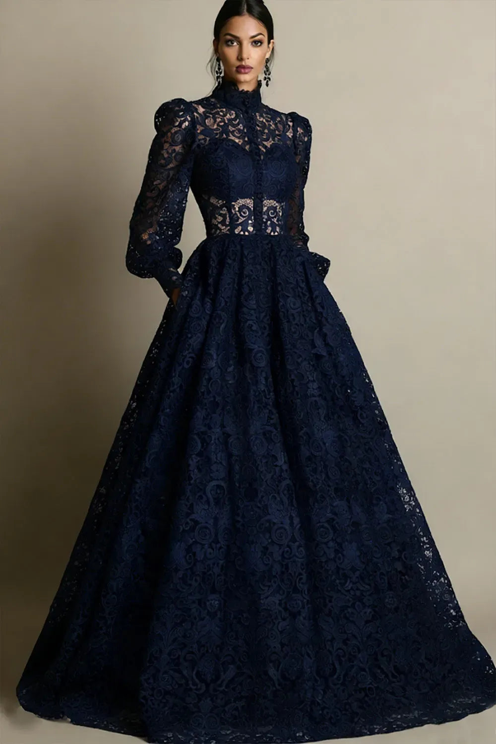 Elegant A-Line High Neck Long Sleeve Zipper Back Mother of the Bride Dress