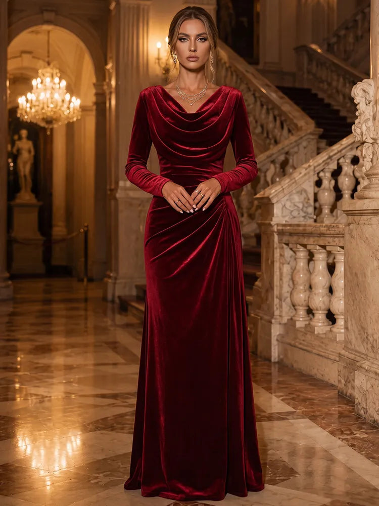 Loverlm burgundy velvet evening dress with cowl neckline long sleeves ruched waist and fitted floor-length column silhouette