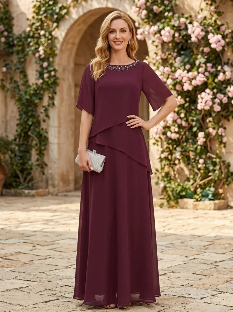 Loverlm burgundy mother of the bride dress with embellished jewel neckline flutter sleeves layered bodice and floor-length skirt