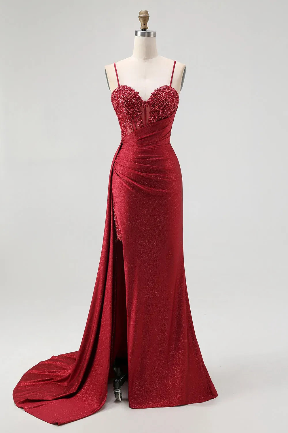 Glamorous Mermaid Sweetheart Spaghetti Strap Lace Back Train Burgundy Prom Dress