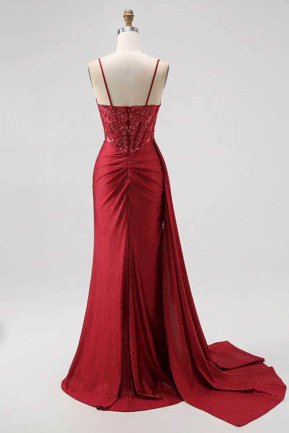 Glamorous Mermaid Sweetheart Spaghetti Strap Lace Back Train Burgundy Prom Dress