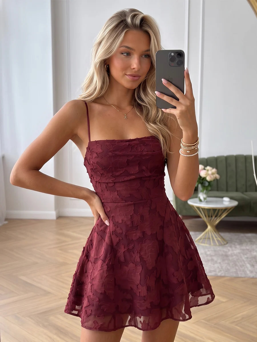 Loverlm burgundy floral applique A-line mini homecoming dress with straight neckline, spaghetti straps, fitted waist and flared skirt