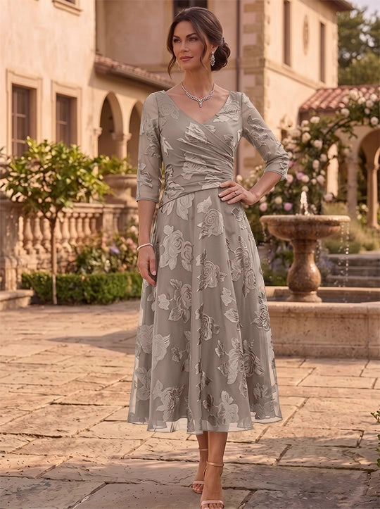 Elegant A-Line V-Neck Three Quarter Sleeve Closed Back Floral Tea Length Mother of the Bride Dress