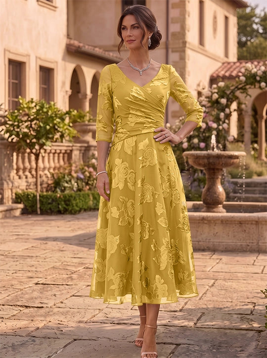 Elegant A-Line V-Neck Three Quarter Sleeve Closed Back Floral Tea Length Mother of the Bride Dress