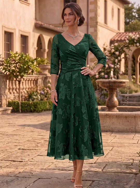 Elegant A-Line V-Neck Three Quarter Sleeve Closed Back Floral Tea Length Mother of the Bride Dress