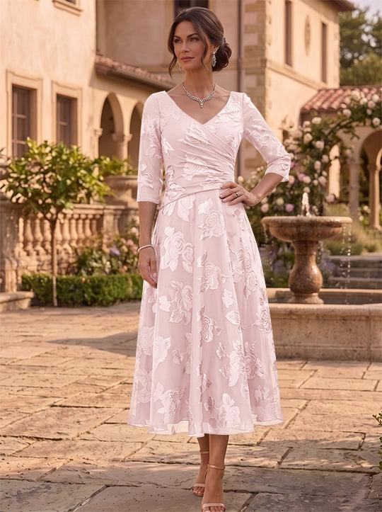 Elegant A-Line V-Neck Three Quarter Sleeve Closed Back Floral Tea Length Mother of the Bride Dress