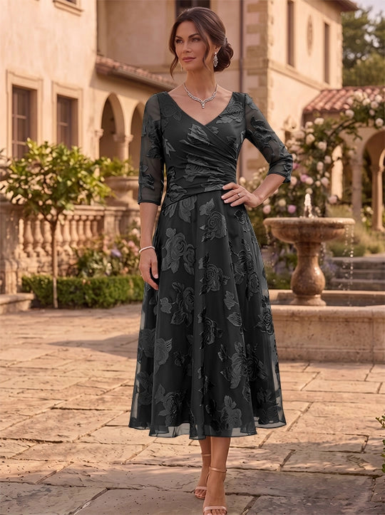 Elegant A-Line V-Neck Three Quarter Sleeve Closed Back Floral Tea Length Mother of the Bride Dress