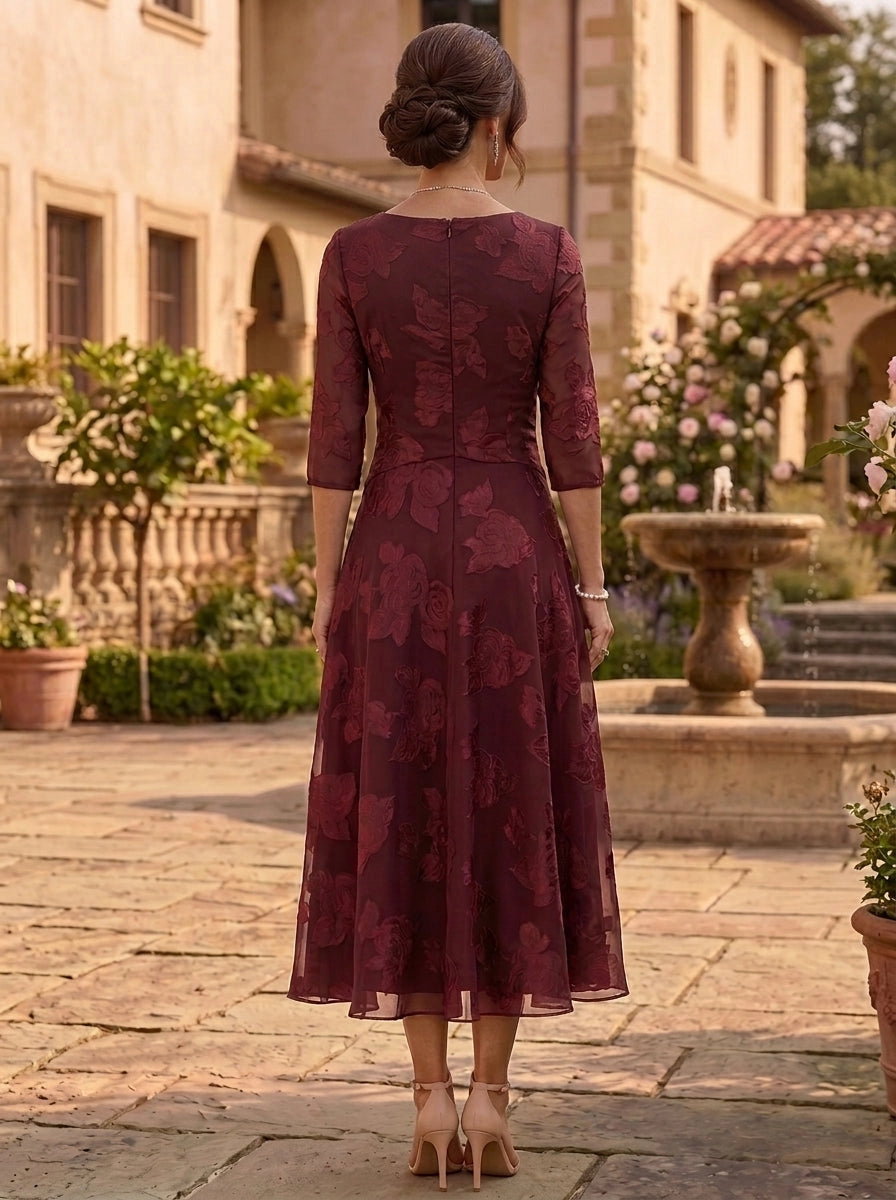 Elegant A-Line V-Neck Three Quarter Sleeve Closed Back Floral Tea Length Mother of the Bride Dress
