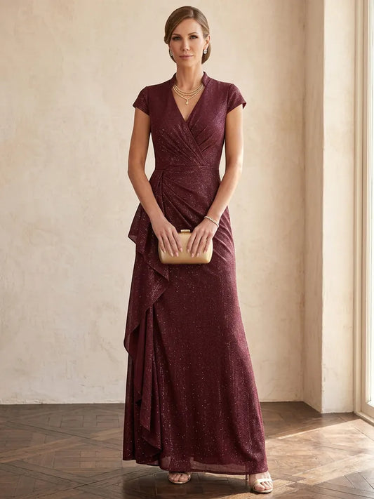 Loverlm burgundy Mother of the Bride dress with V-neck cap sleeves ruched bodice side ruffle glitter finish and floor-length sheath skirt