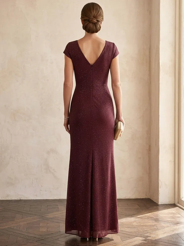 Elegant Sheath V-Neck Cap-Sleeve Glitter Floor-Length Mother of the Bride Dress
