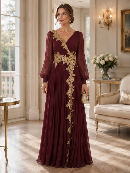 Loverlm burgundy A-line mother of the bride dress with gold lace applique V-neck long sheer sleeves and pleated floor-length skirt