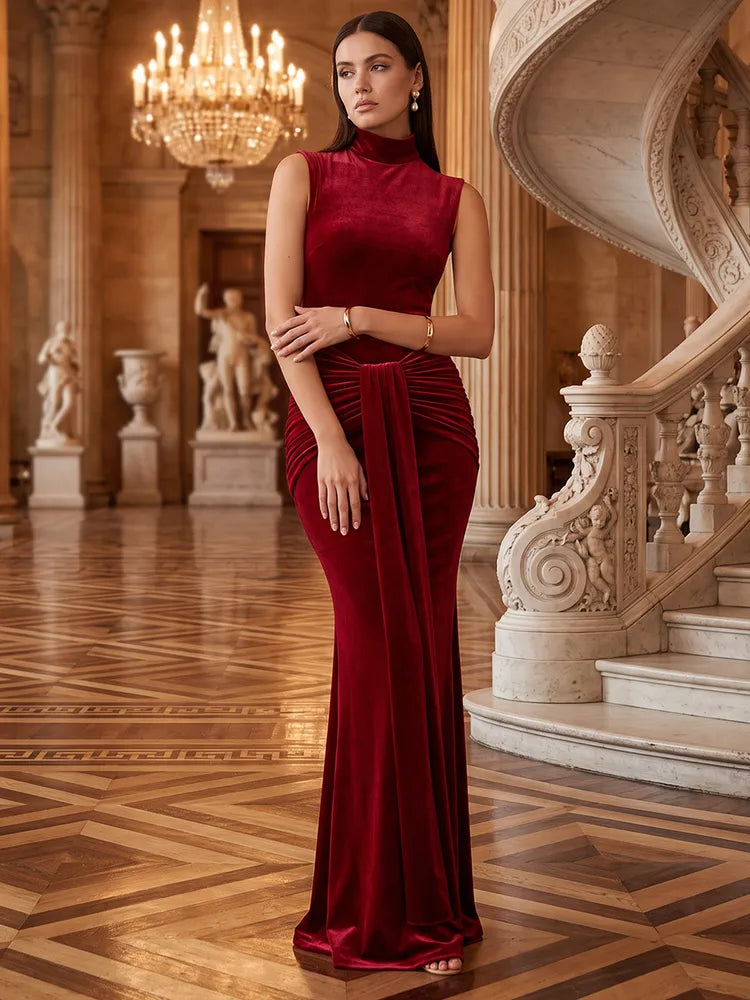 Loverlm burgundy velvet evening dress with high neckline sleeveless bodice ruched waist draped sash and fitted floor-length mermaid silhouette